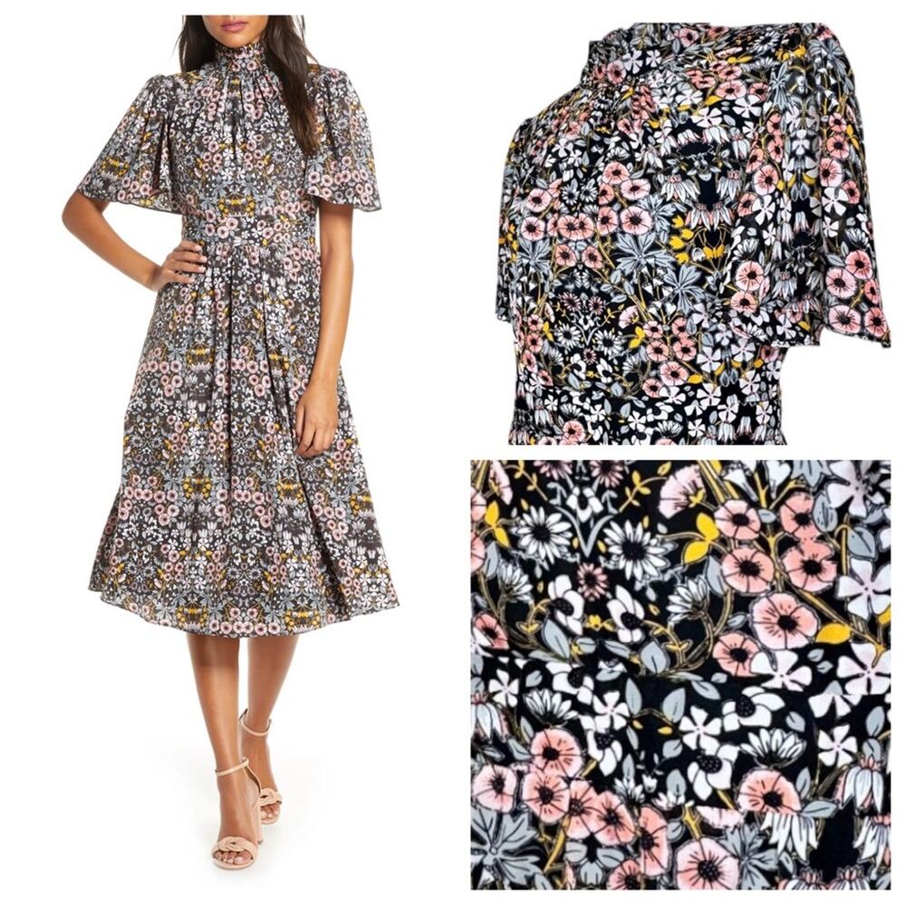 Julia Jordan Dress Floral Flutter Sleeves Midi Mock Neck Boho Flowers Size 12